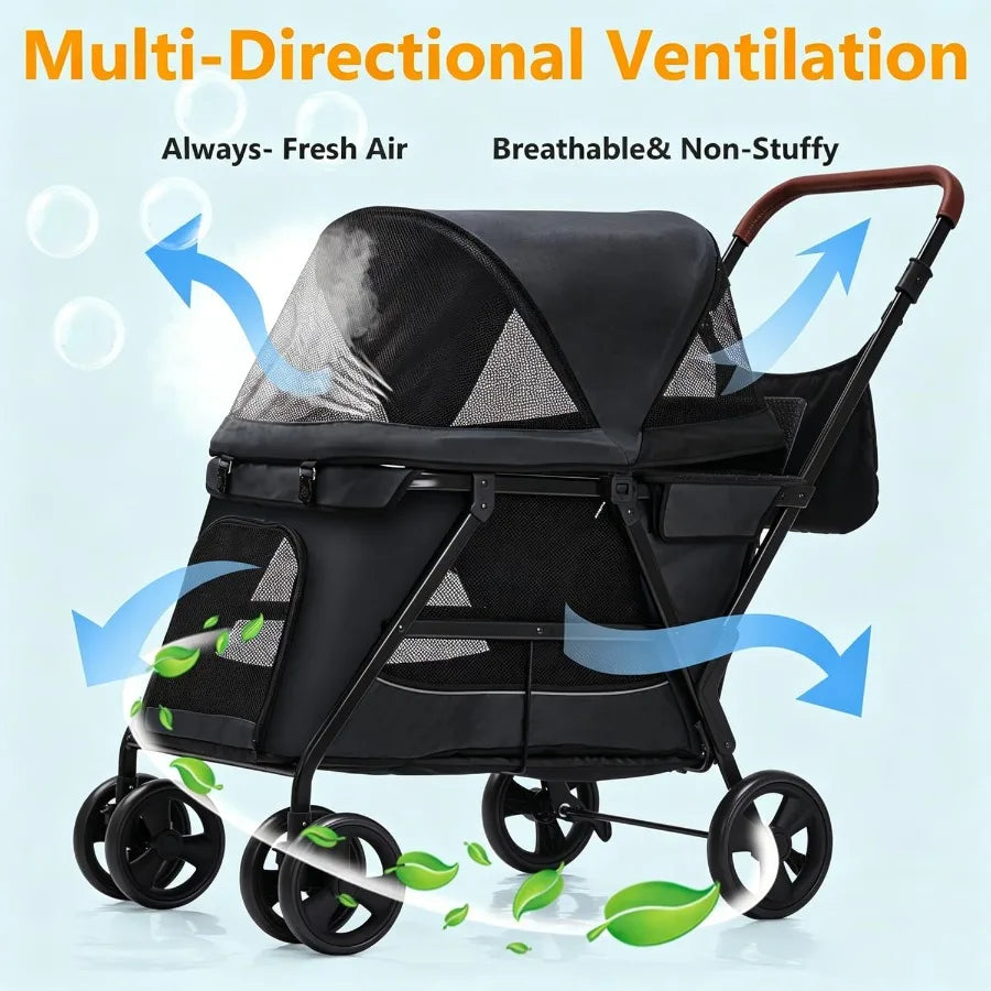 Foldable Dog Stroller With Breathable Mesh All Terrain Wheels