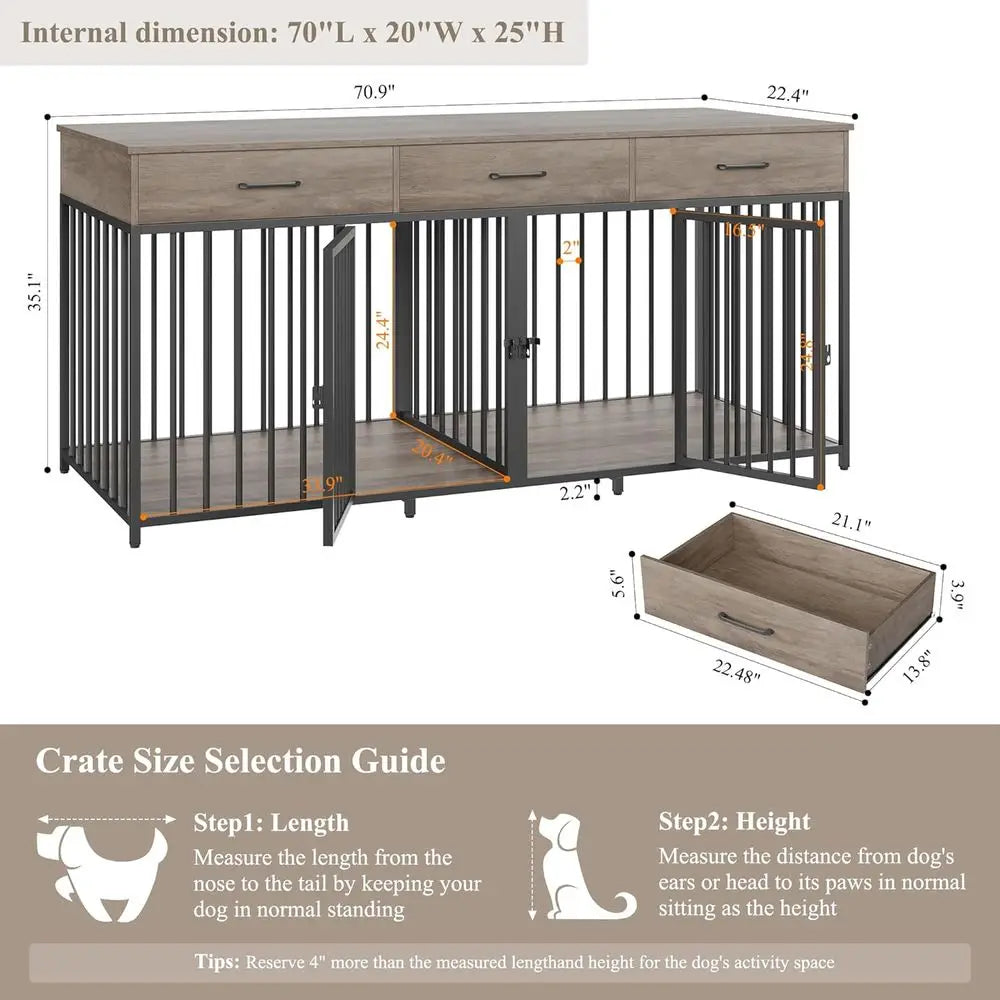 Furniture Style Double Dog Crate With Tabletop And Storage Drawers