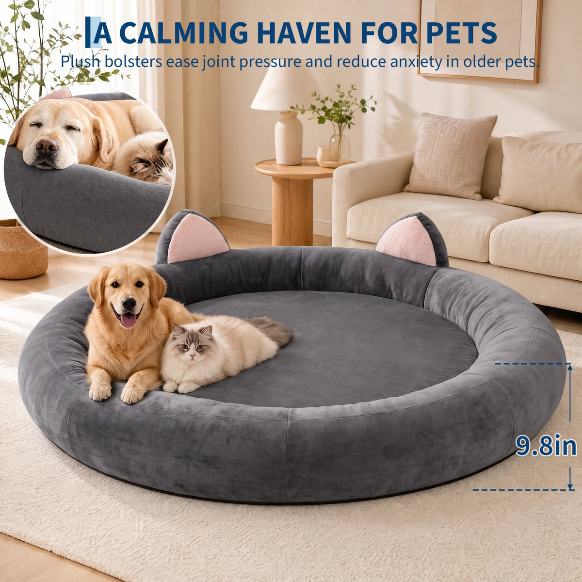 Orthopedic Memory Foam Round Dog Bed With Supportive Bolster Cushions