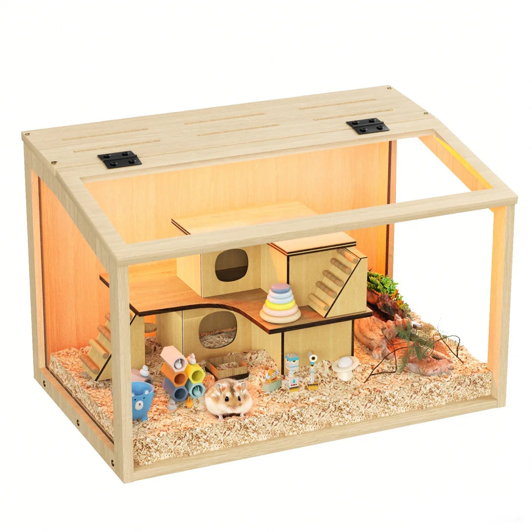 Natural Wood Hamster Cage with Glass Panels and LED Light
