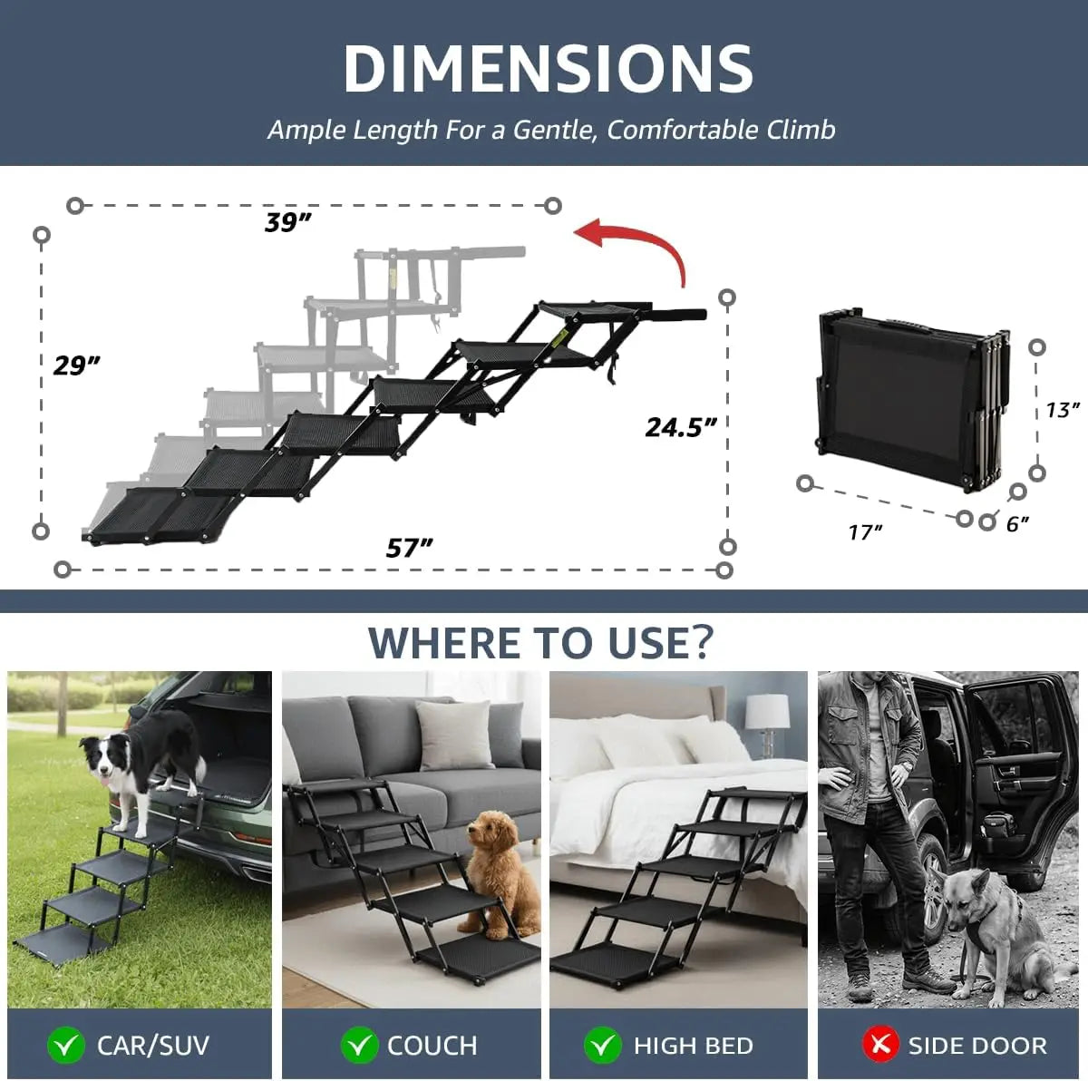 Extra Wide Foldable Dog Stairs Skid Resistant Heavy Duty Ramp