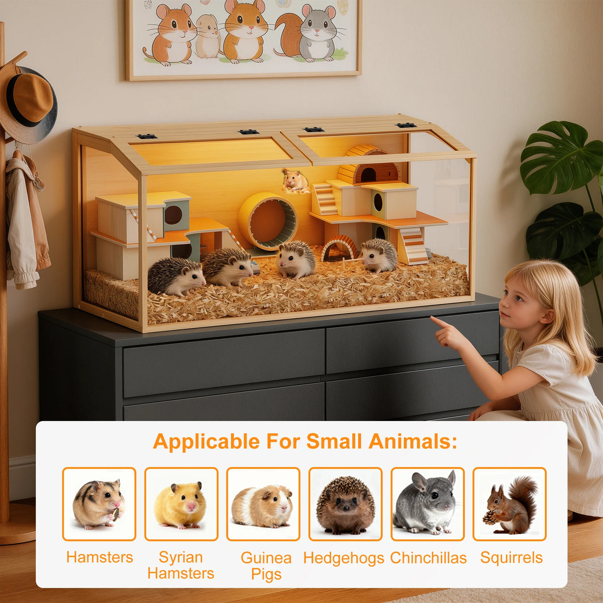 Natural Wood Hamster Cage with Glass Panels and LED Light