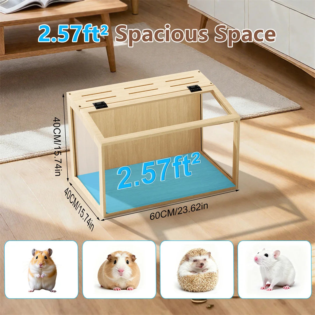 Natural Wood Hamster Cage with Glass Panels and LED Light