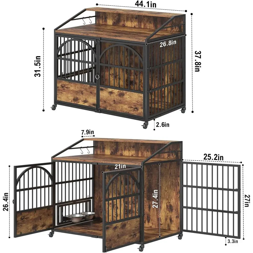 Heavy Duty Dog Crate End Table With Stainless Steel Bowls