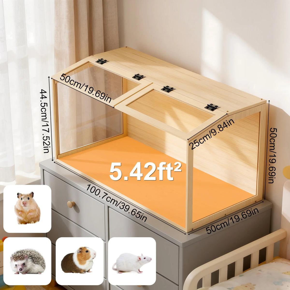 Wooden Hamster Cage Featuring Tempered Glass And LED Lighting