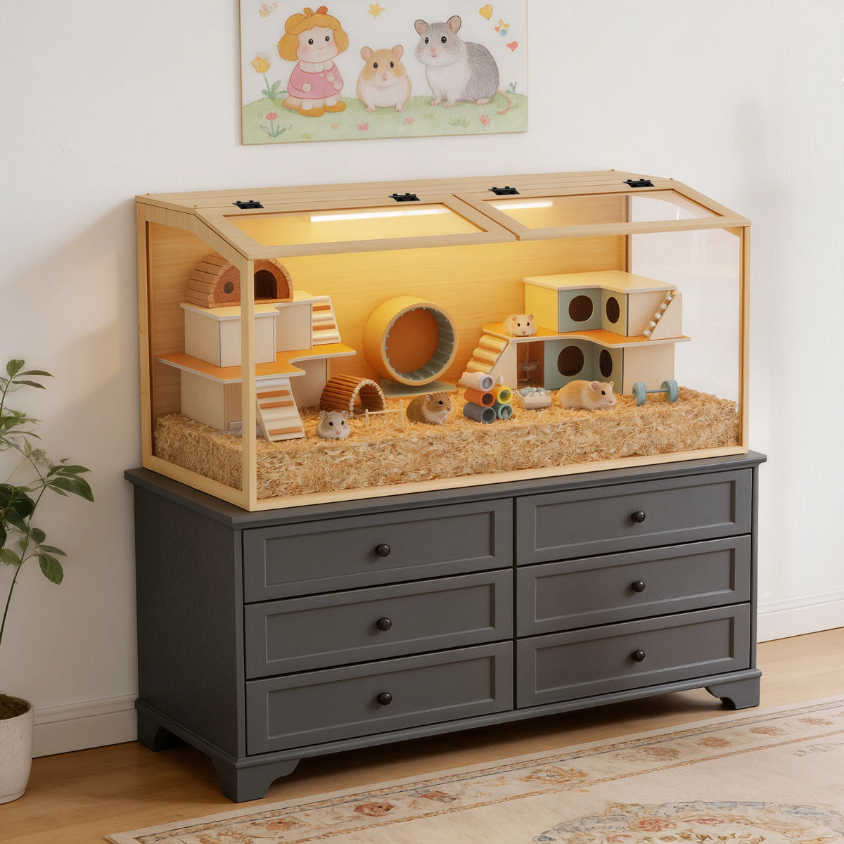 Natural Wood Hamster Cage with Glass Panels and LED Light