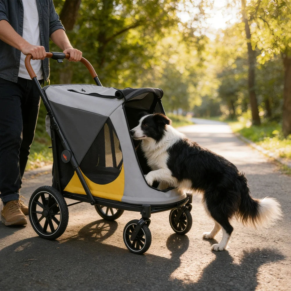 Foldable Four Wheel Pet Stroller With Cushion And Cup Holder