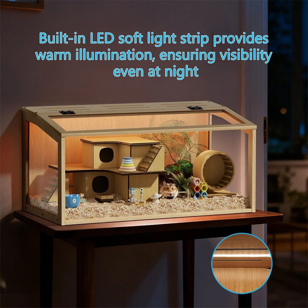 Natural Wood Hamster Cage with Glass Panels and LED Light