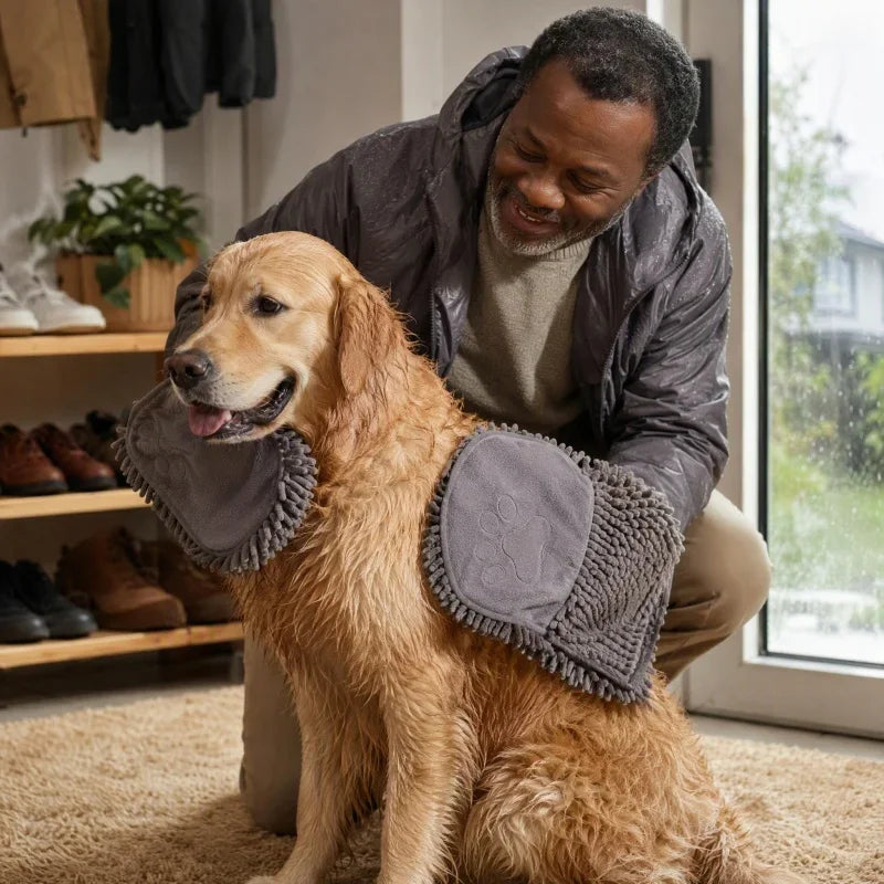 Super Absorbent Chenille Pet Bath Towel With Dual Hand Pockets