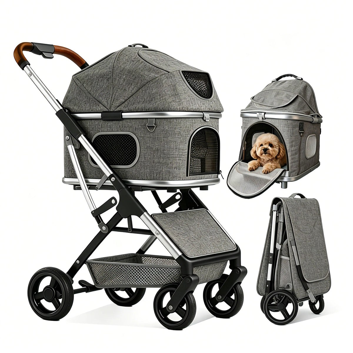 Deluxe Pet Stroller Featuring Breathable Mesh Canopy And Safety Locks