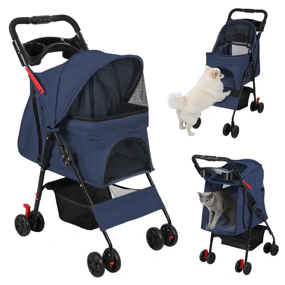Foldable 4 Wheels Pet Stroller With Mesh Windows Storage Basket