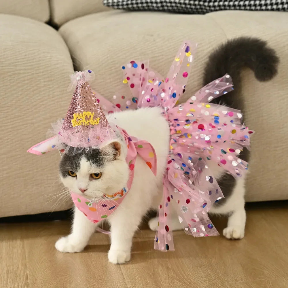 Pet Birthday Party Costume Set 3Pcs Tutu Skirt Hat Bandana