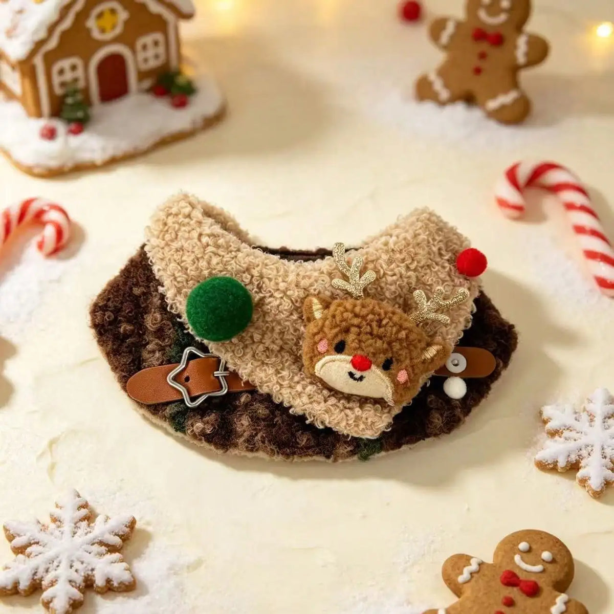 Christmas Reindeer Applique Adjustable Fuzzy Plush Pet Collar Bib