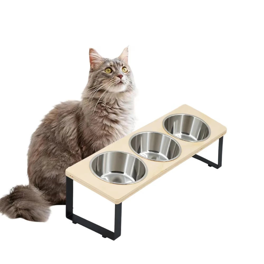 Elevated Bamboo Cat Feeder With Stainless Steel Bowls And Mat