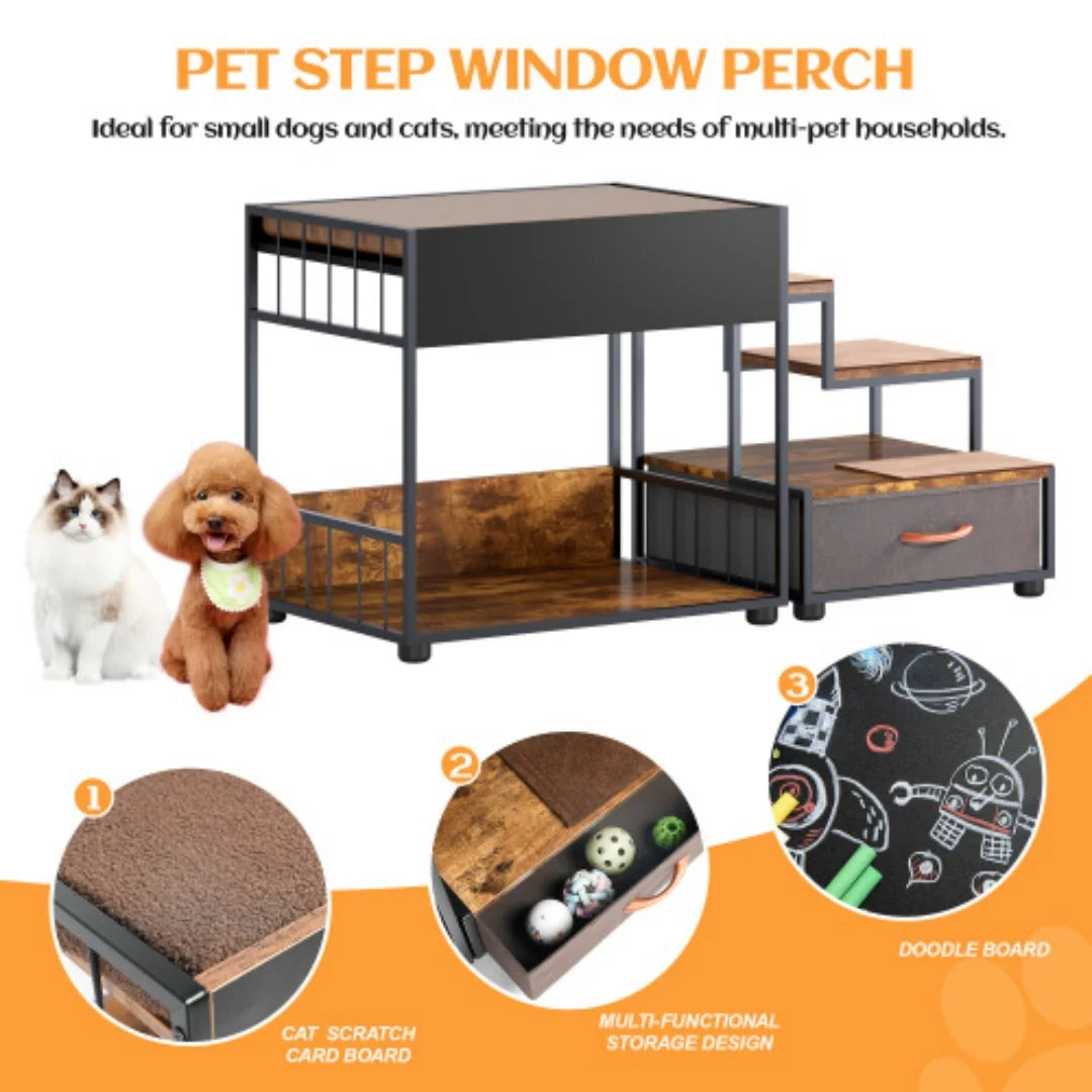 Elevated Dog Bunk Bed With Integrated Pet Stair And Storage