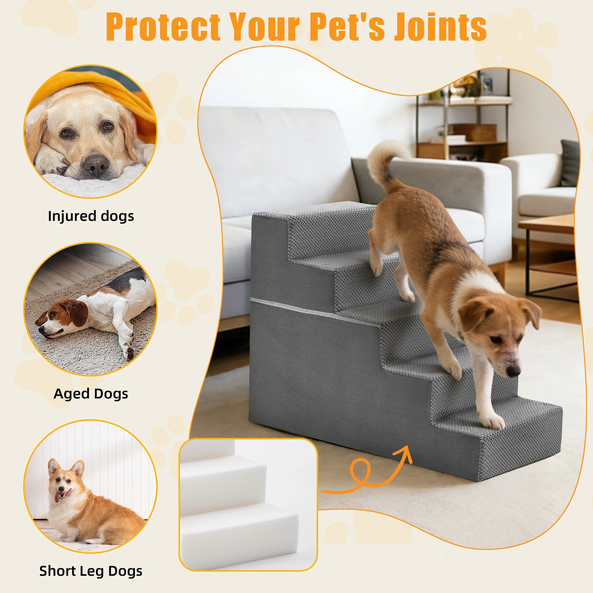 Premium Foam Dog Stair Ramp For Small Pets Indoor Use