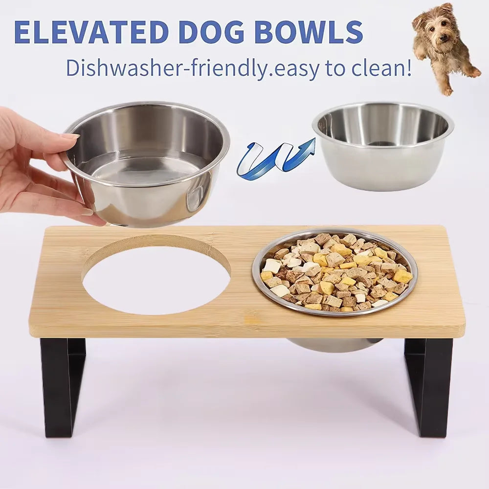 Elevated Wooden Stand Stainless Steel Raised Cat Food Bowl