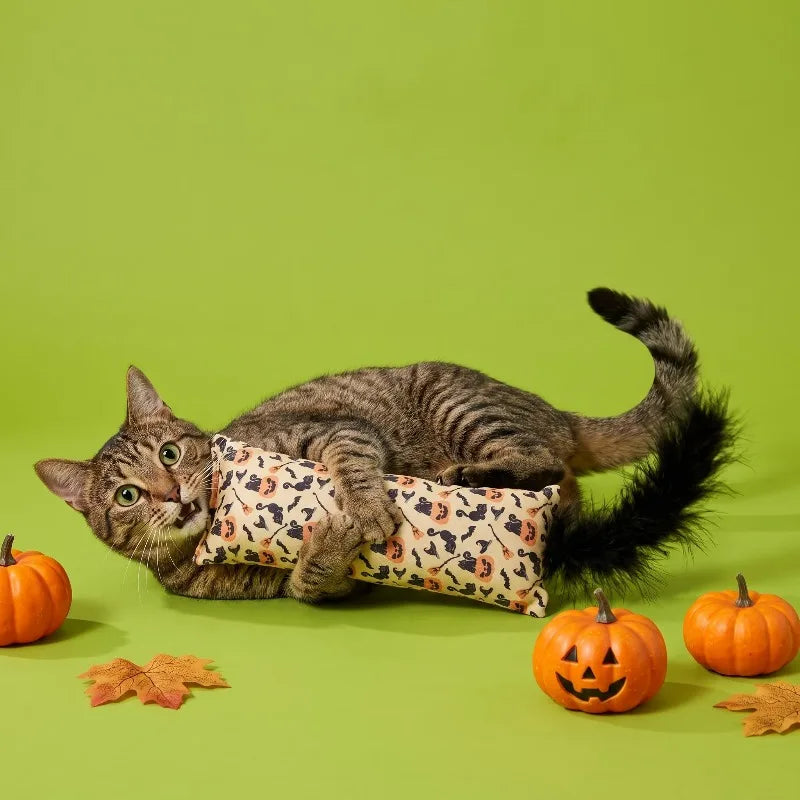 Halloween Cat Kicker Toy With Feather And Pumpkin Design