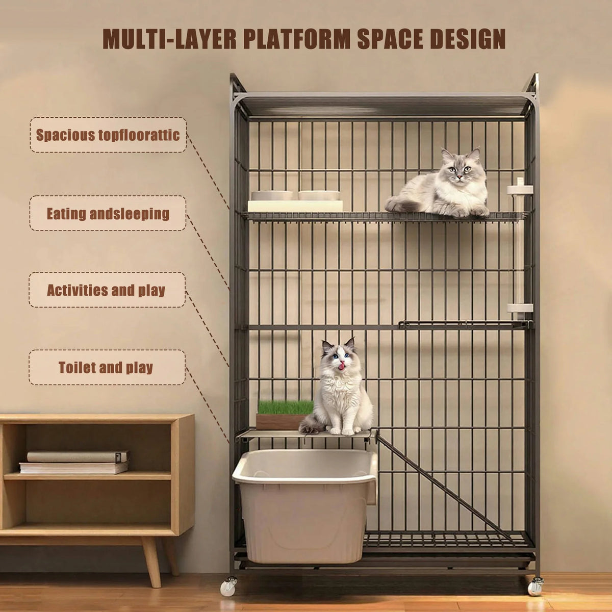 Atuin Four Tier Metal Cat Cage With Wheels And Tray
