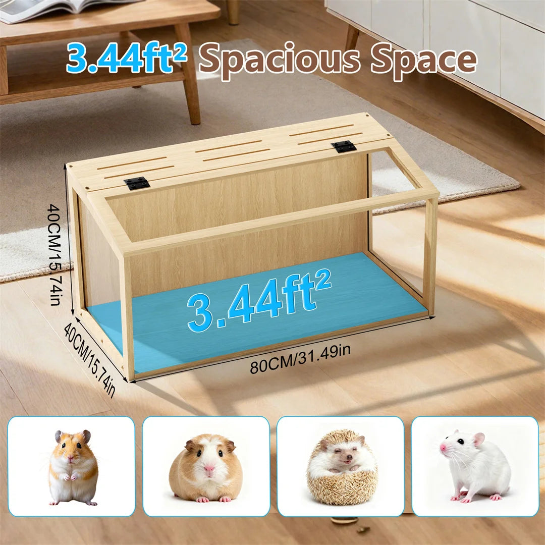Natural Wood Hamster Cage with Glass Panels and LED Light