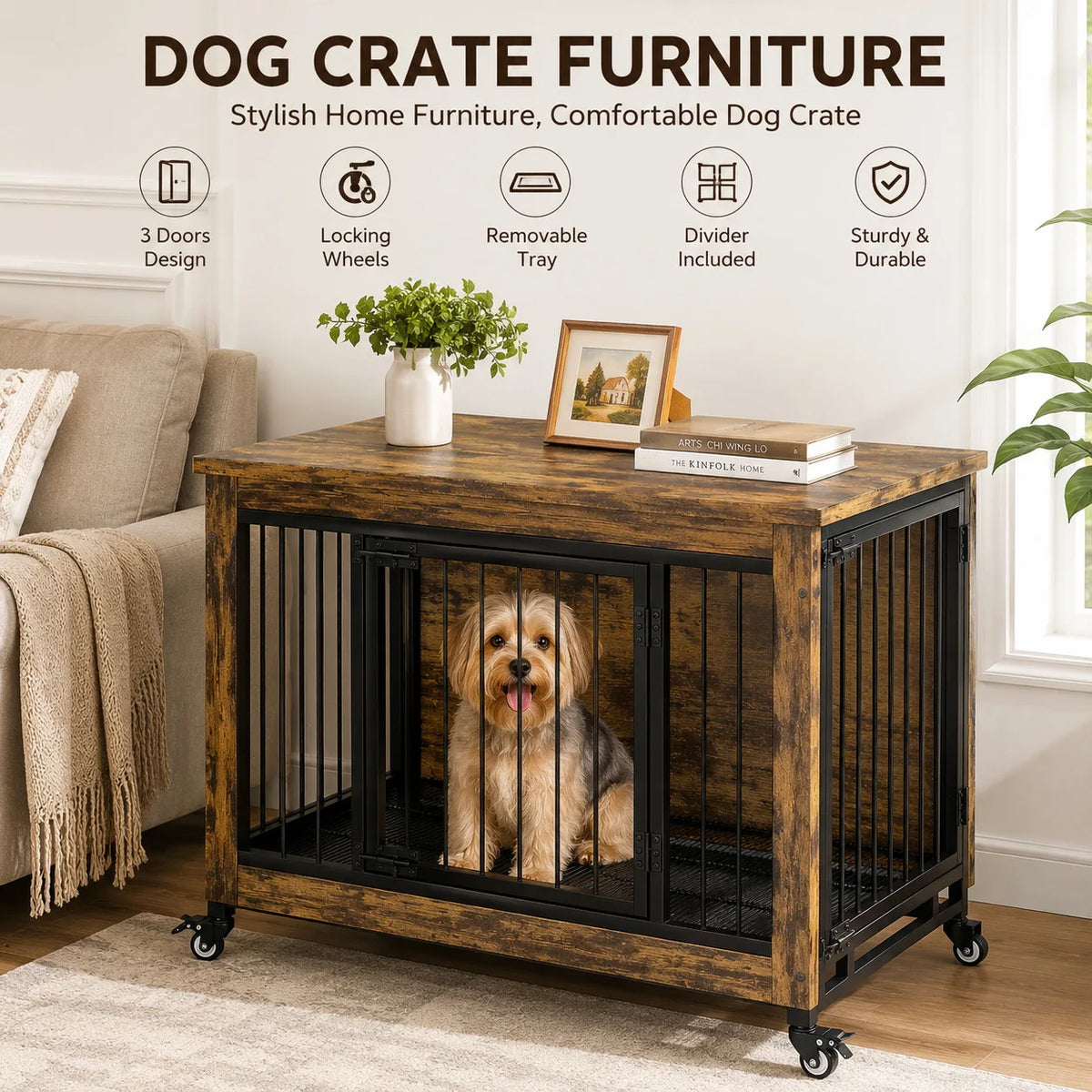 Anixol Wooden Dog Crate Furniture End Table With Locking Wheels