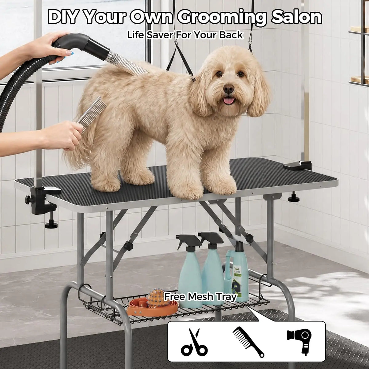 Garvee Stainless Steel Foldable Dog Grooming Table With Safety Loops