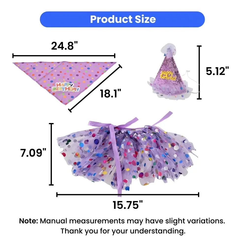 Pet Birthday Party Costume Set 3Pcs Tutu Skirt Hat Bandana