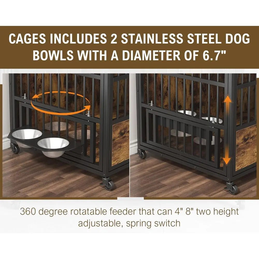 Heavy Duty Dog Crate End Table With Stainless Steel Bowls