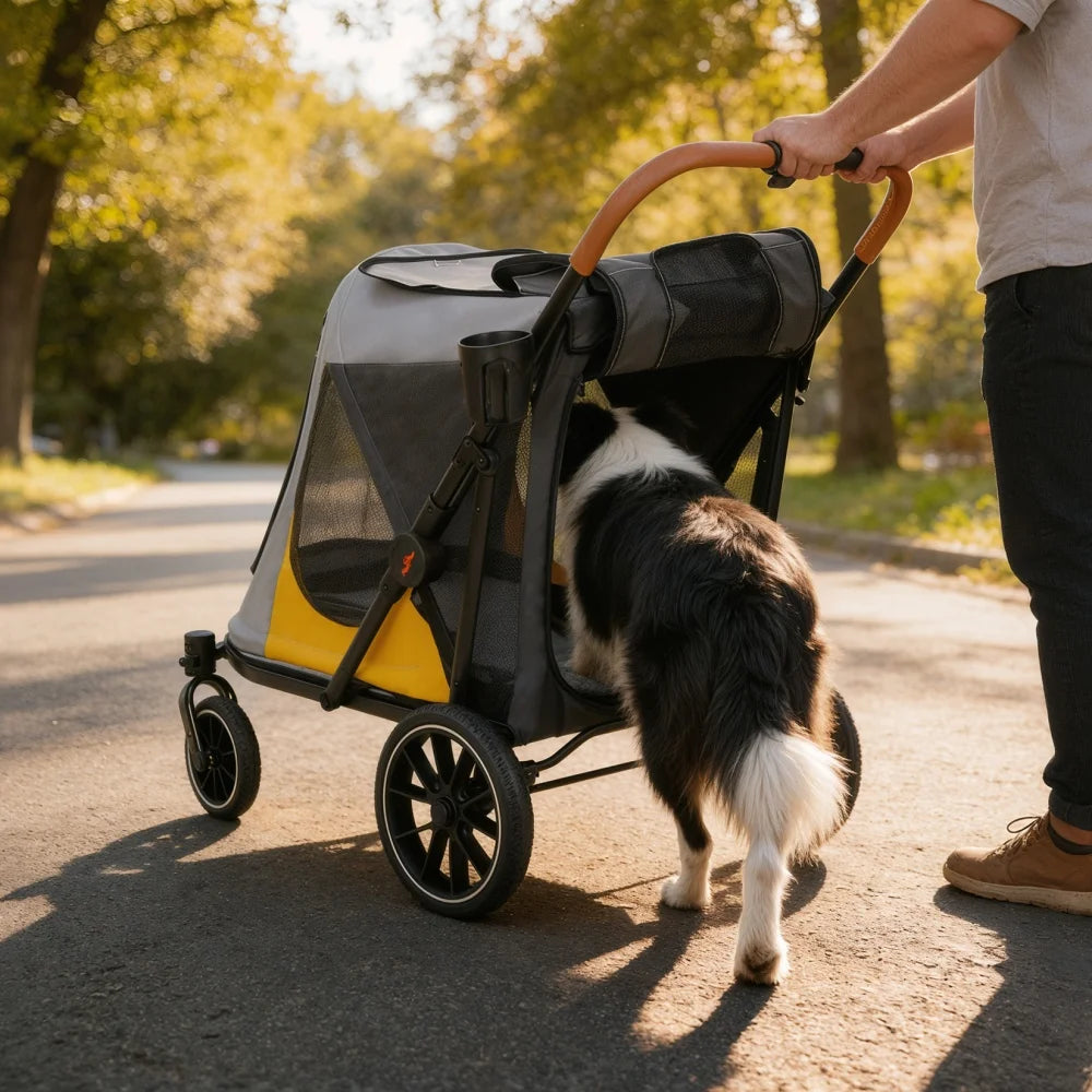 Foldable Four Wheel Pet Stroller With Cushion And Cup Holder