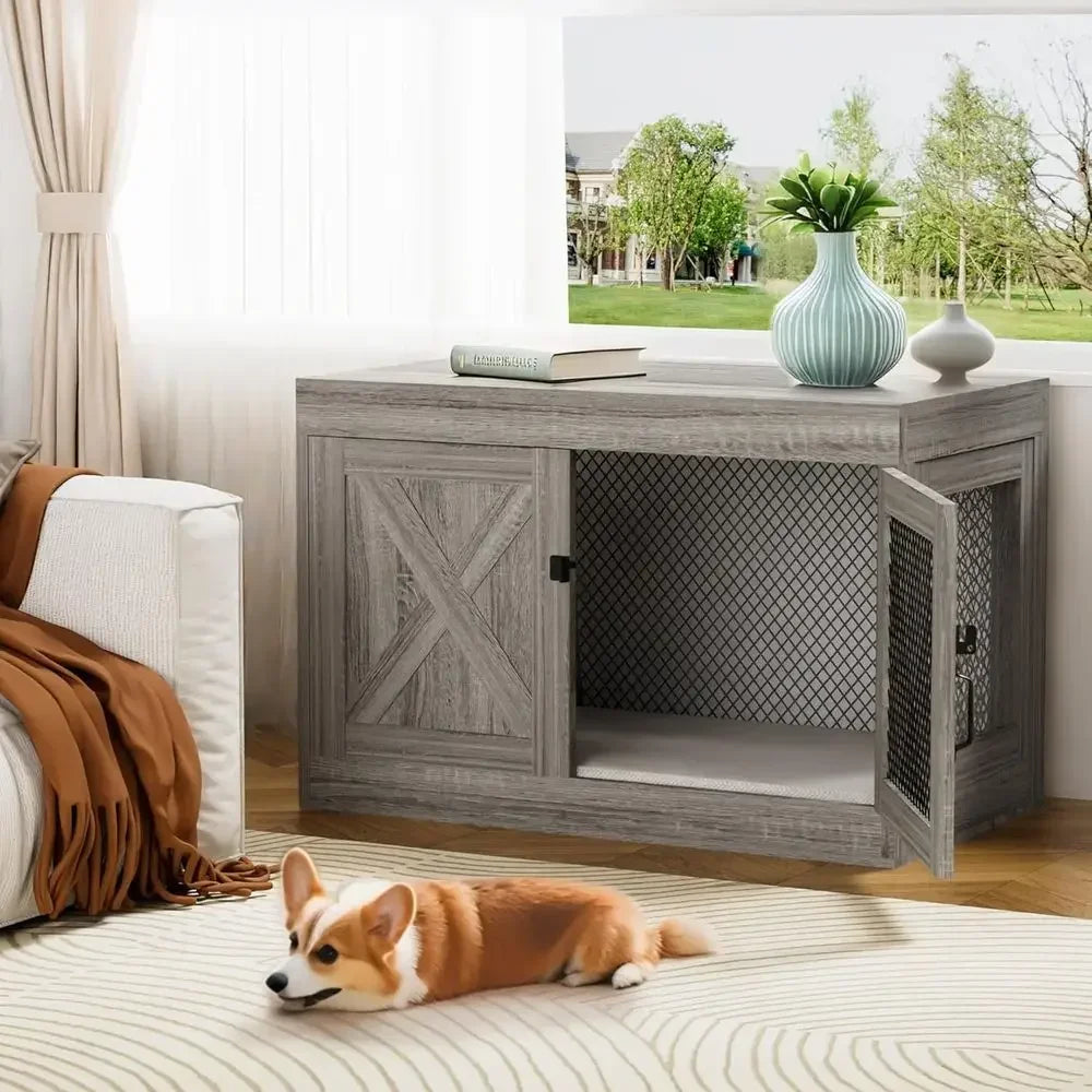 Indoor Wooden Lockable Double Door Dog Kennel Includes Cushion