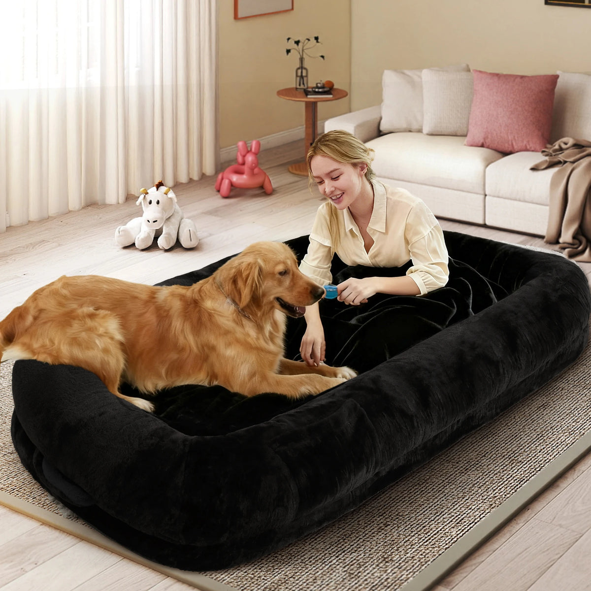 Spacious Human Dog Bed With Orthopedic Faux Fur Removable Cover