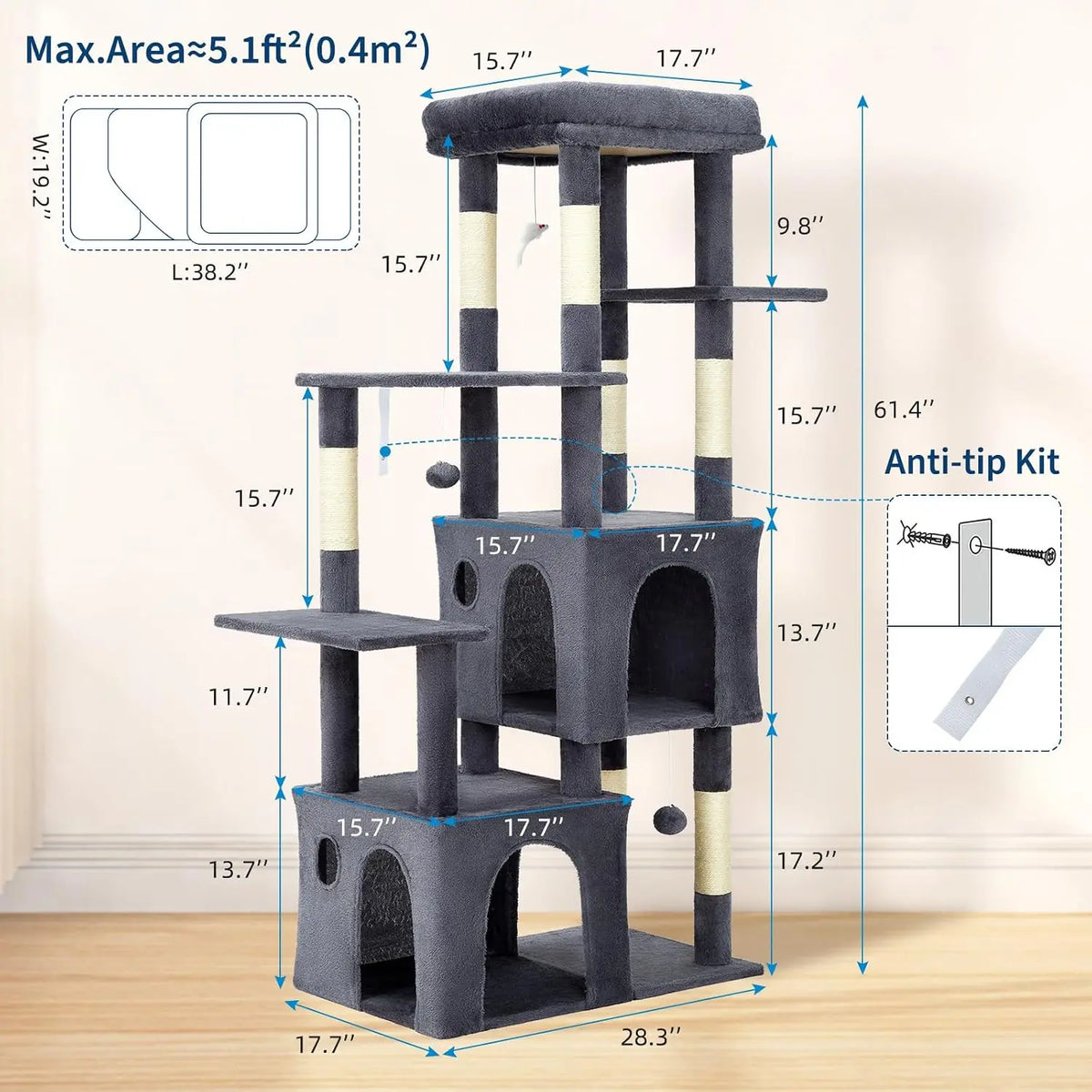 Tacleekii Premium Multi Level Indoor Cat Tower With Sisal Scratcher