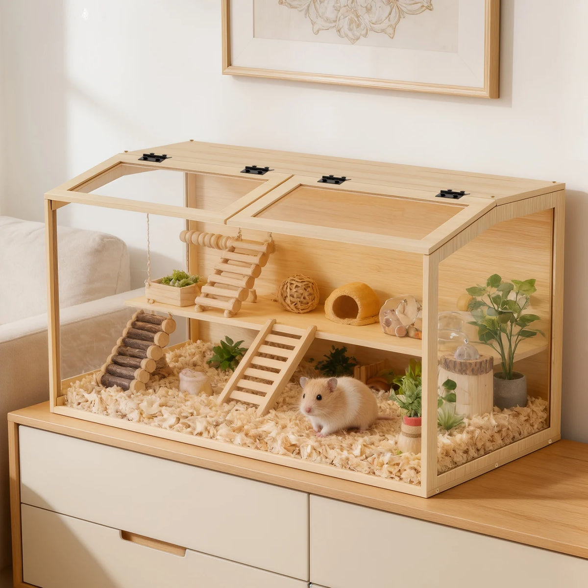 Wooden Hamster Cage Featuring Tempered Glass And LED Lighting