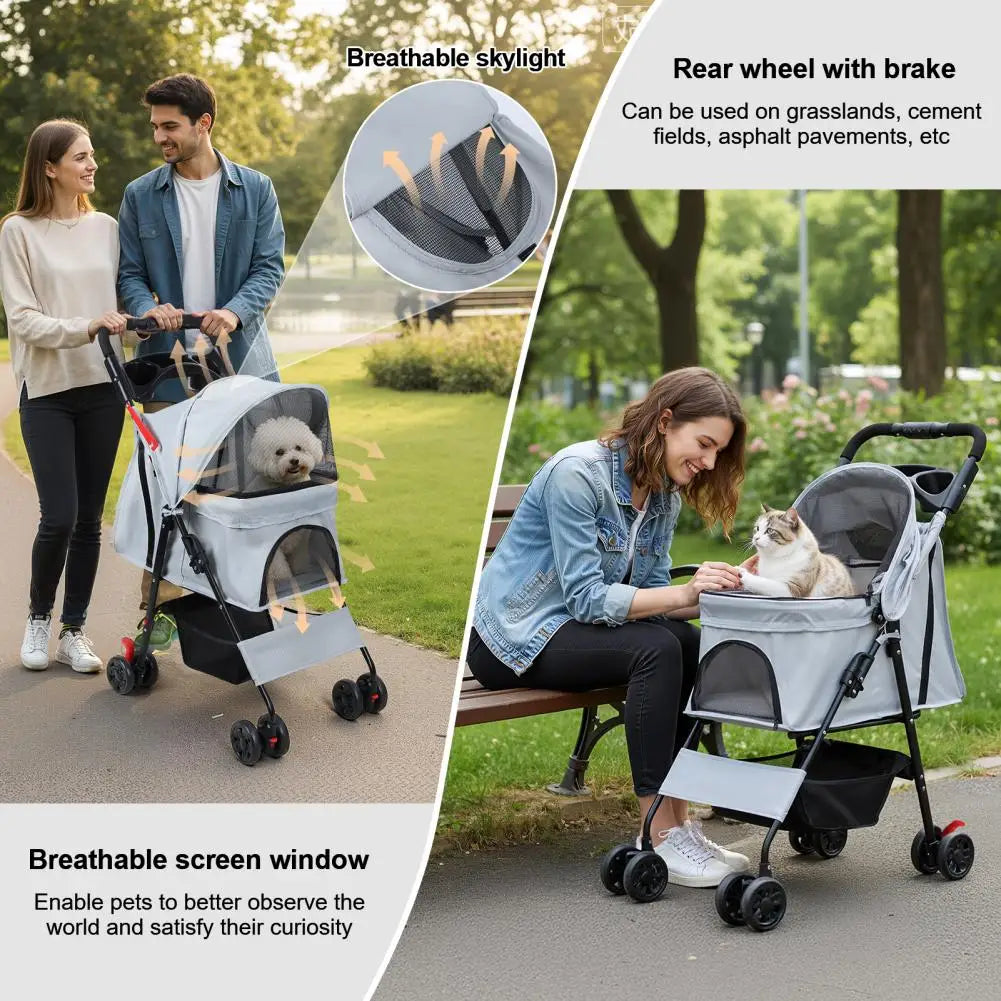 Foldable 4 Wheels Pet Stroller With Mesh Windows Storage Basket
