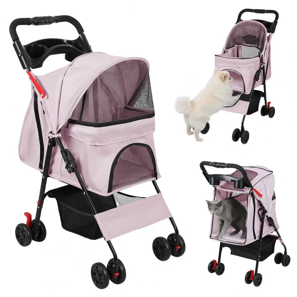 Foldable 4 Wheels Pet Stroller With Mesh Windows Storage Basket