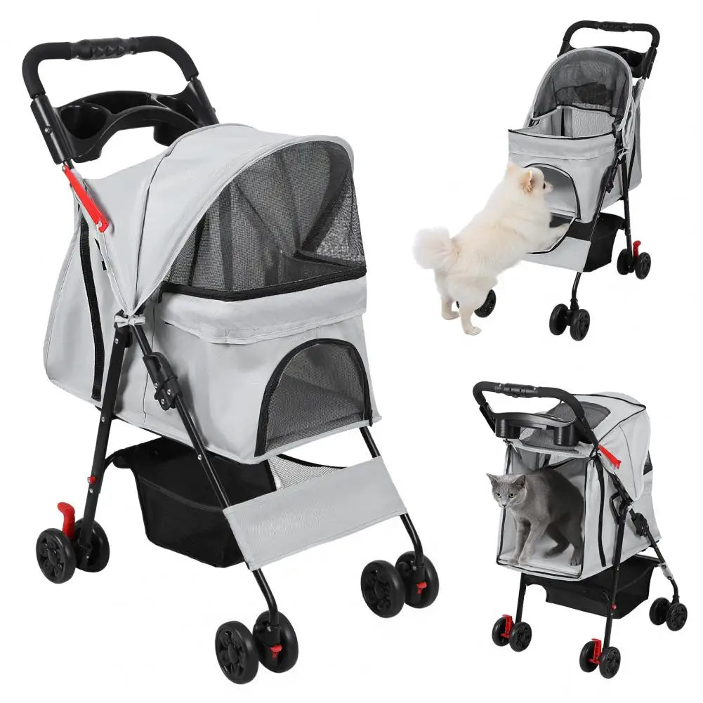 Foldable 4 Wheels Pet Stroller With Mesh Windows Storage Basket