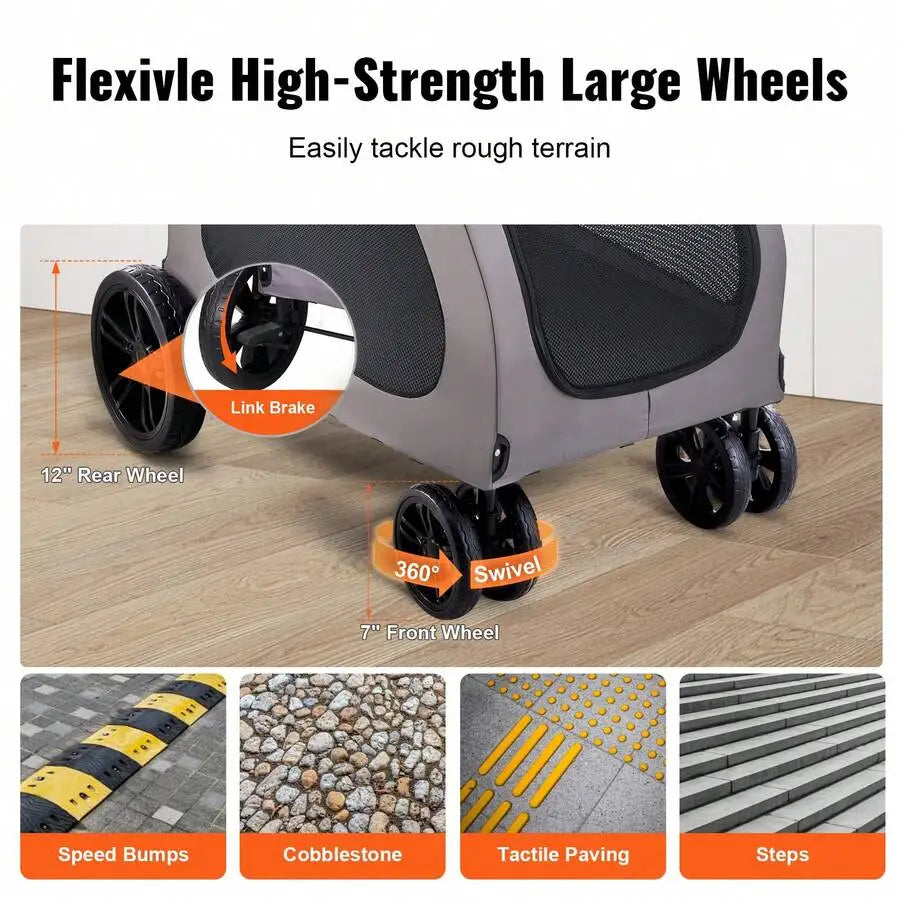 Portable Four Wheel Dog Stroller With Brakes And Breathable Mesh