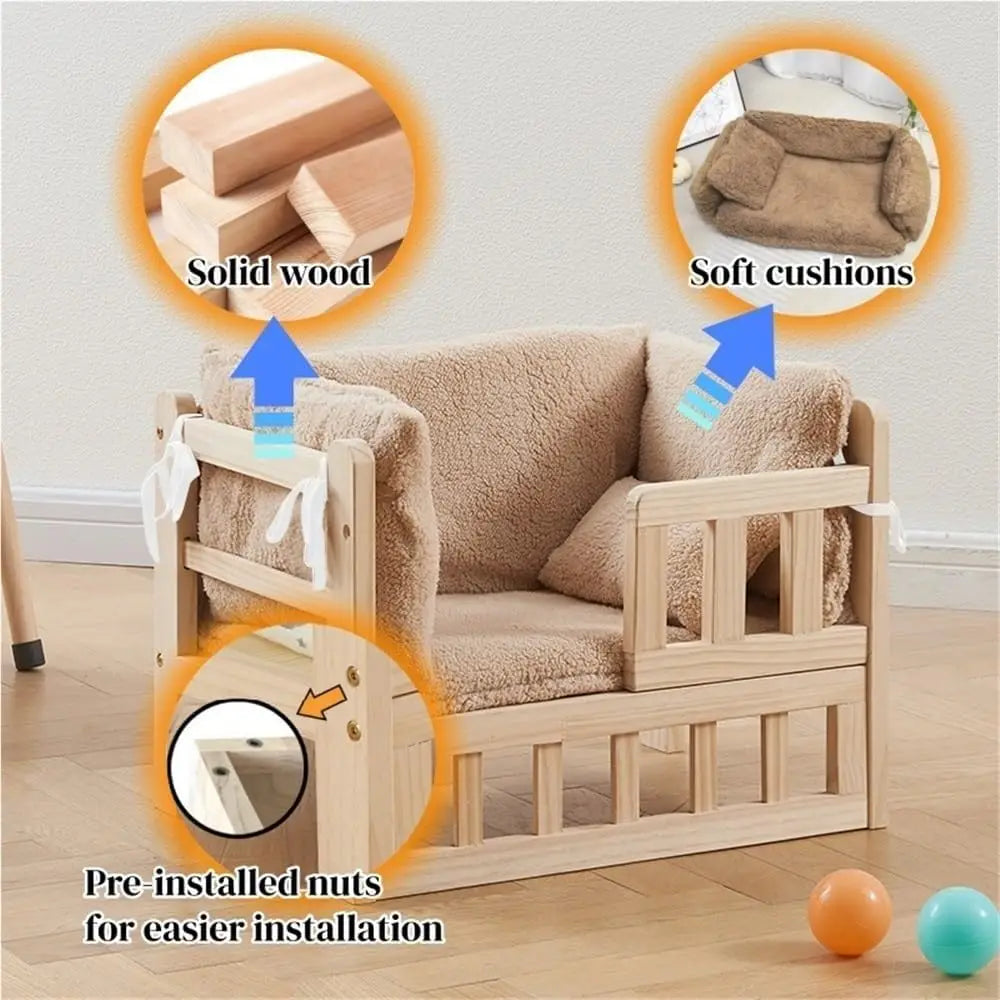 Raised Dog Bed With Solid Wood Frame And Removable Cushion
