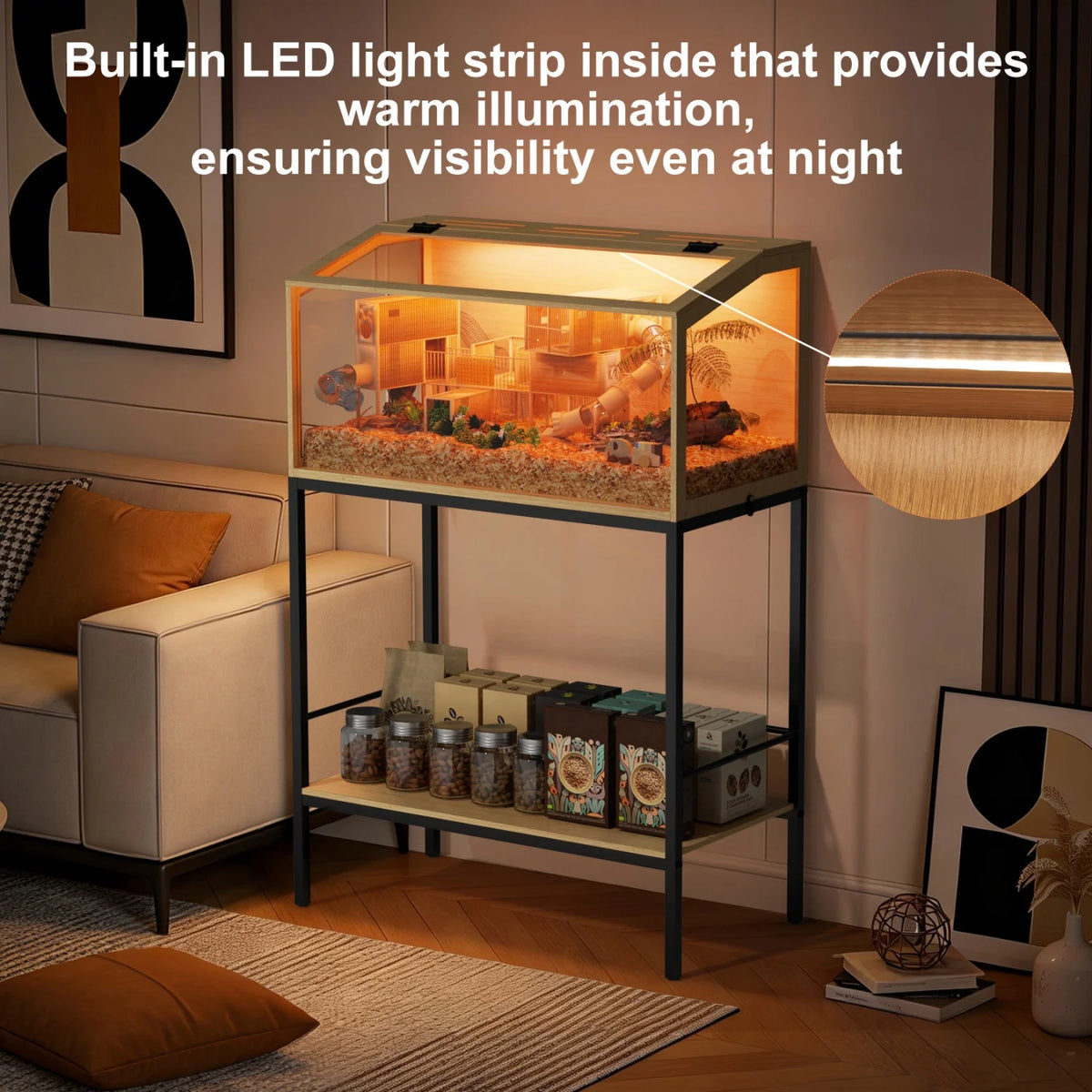 Wooden Hamster Cage Featuring Tempered Glass And LED Lighting