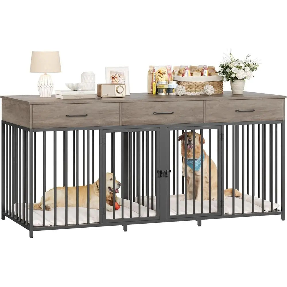 Furniture Style Double Dog Crate With Tabletop And Storage Drawers