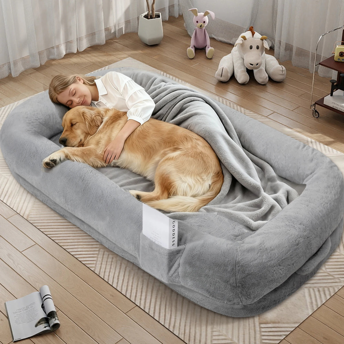 Spacious Human Dog Bed With Orthopedic Faux Fur Removable Cover