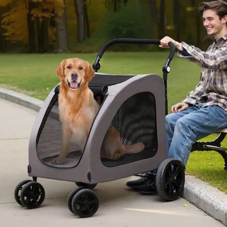 Portable Four Wheel Dog Stroller With Brakes And Breathable Mesh
