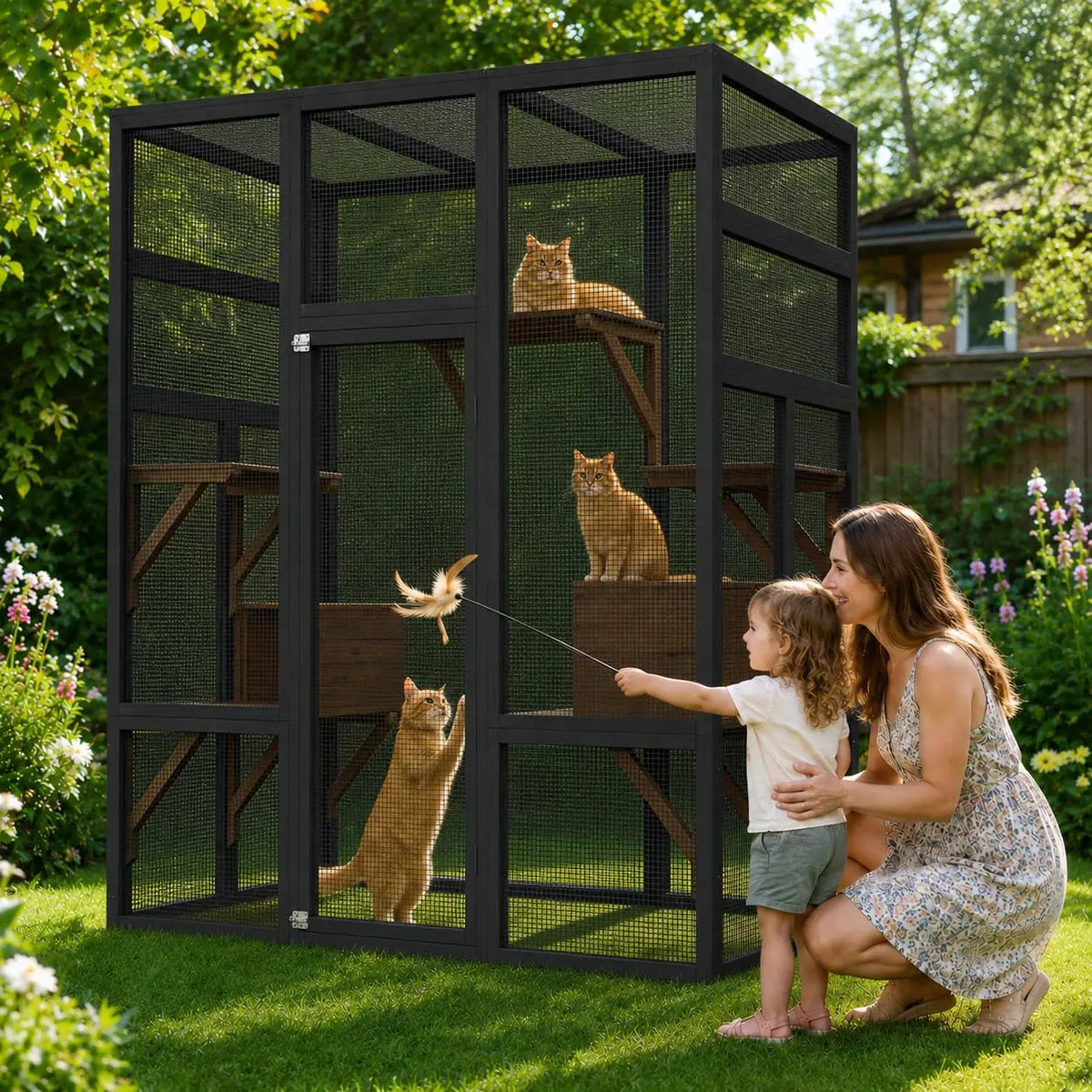 HiMISS Wooden Outdoor Catio Cat Enclosure With UV Roof