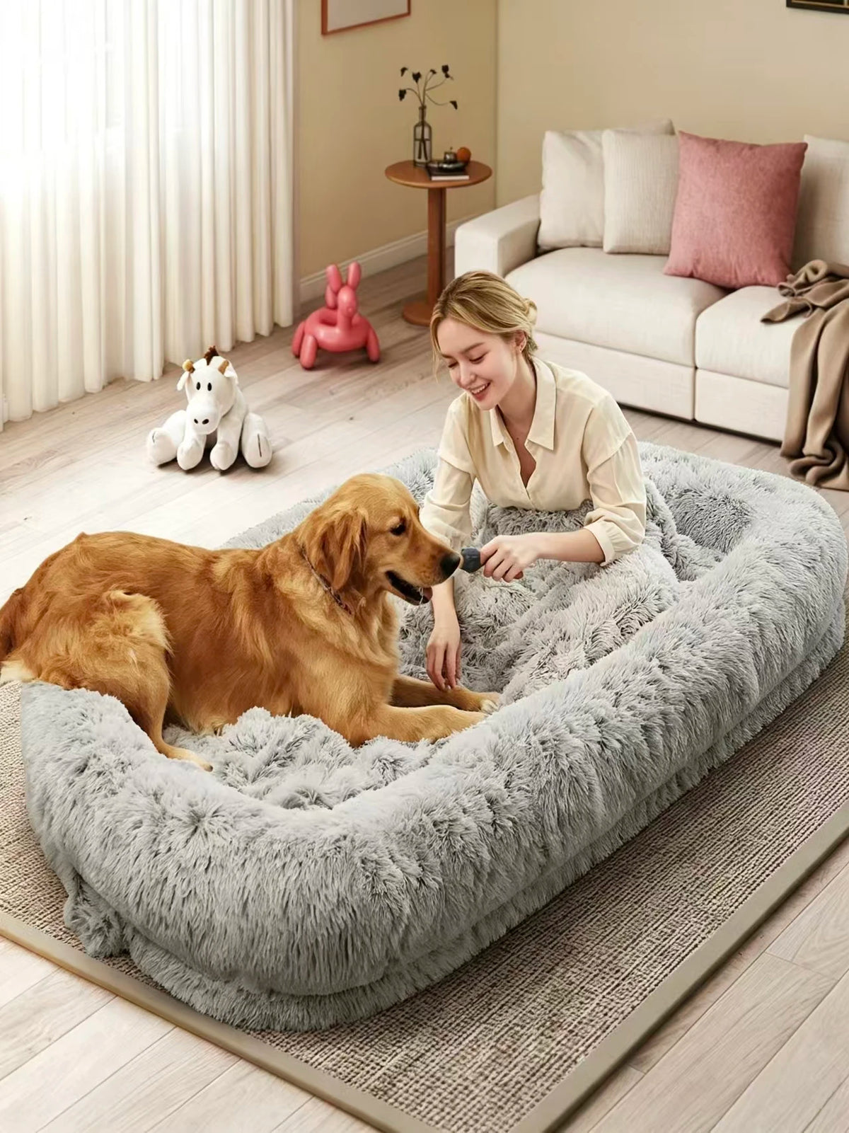Spacious Human Dog Bed With Orthopedic Faux Fur Removable Cover