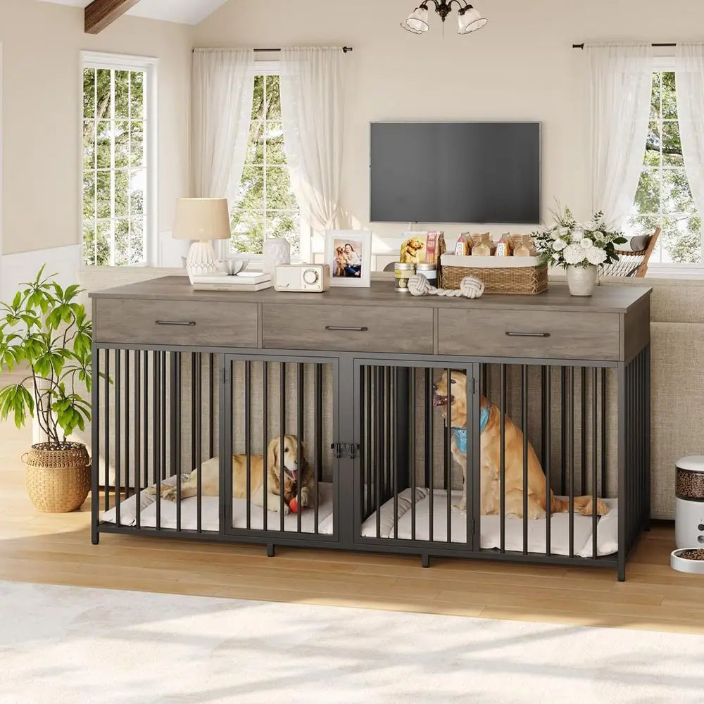 Furniture Style Double Dog Crate With Tabletop And Storage Drawers