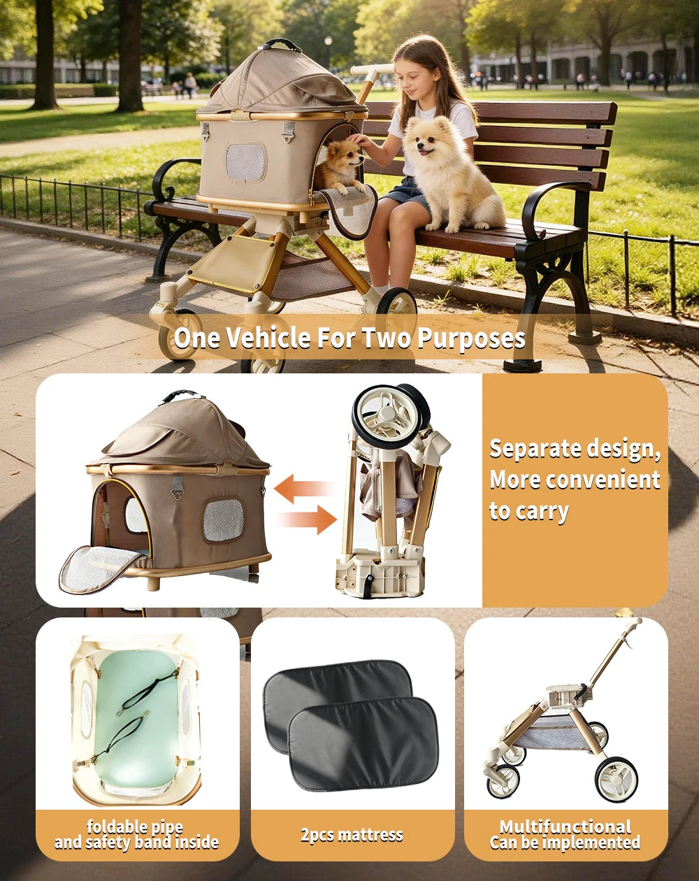 Premium Pet Stroller For Dogs And Cats With Mesh Canopy