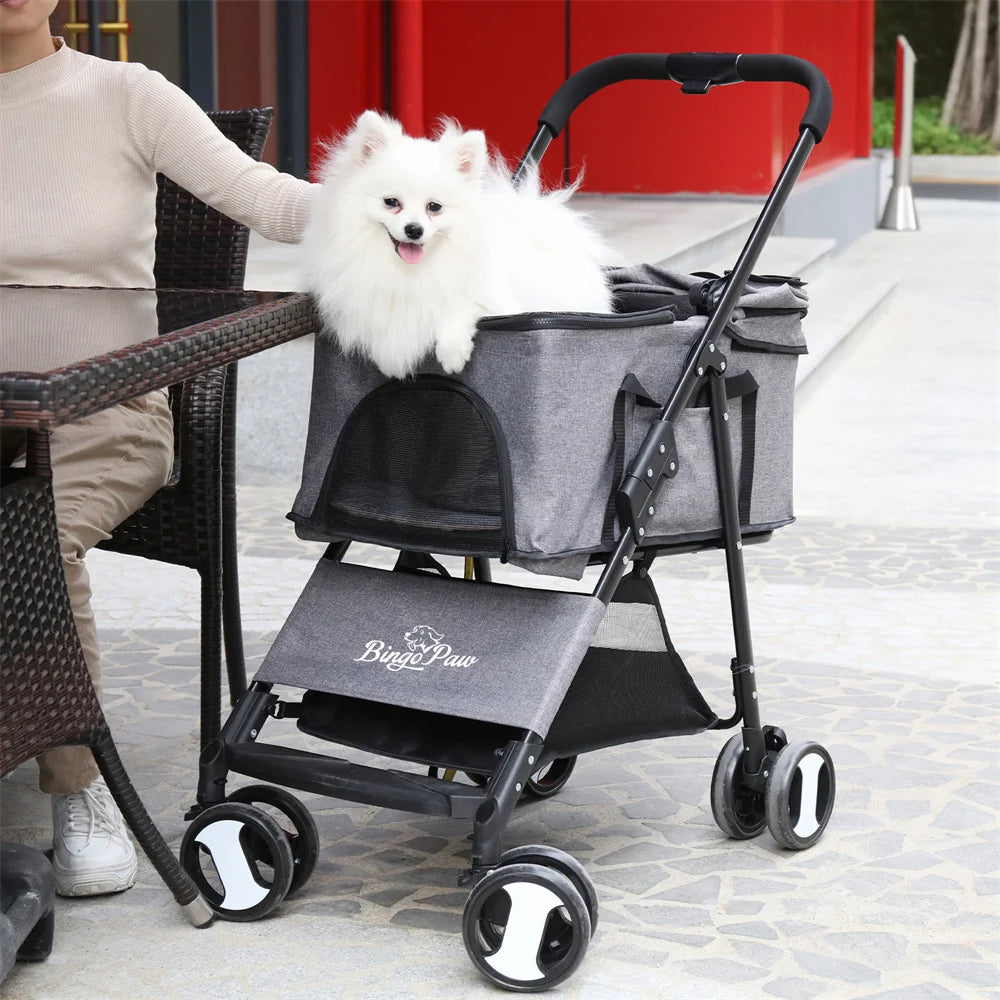 Foldable Pet Dog Stroller With Four Wheels And Rain Cover