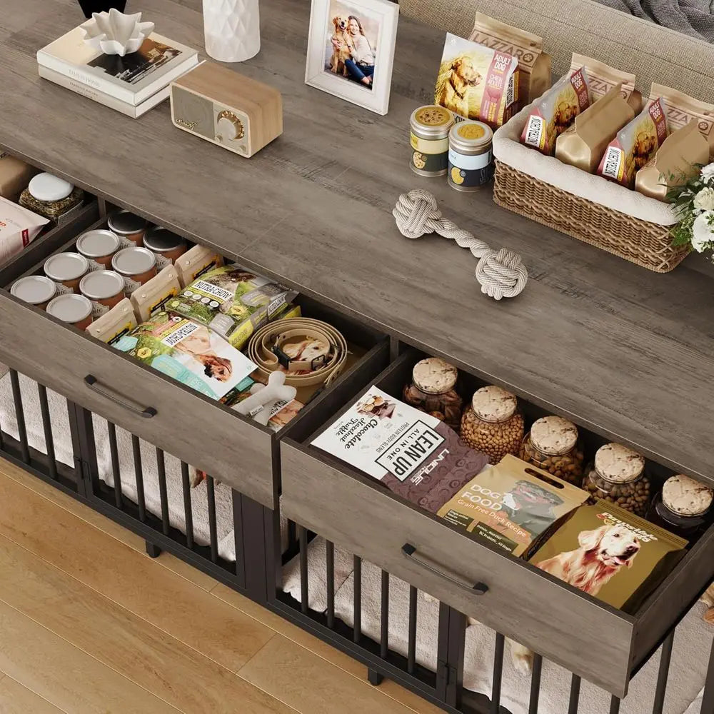 Furniture Style Double Dog Crate With Tabletop And Storage Drawers