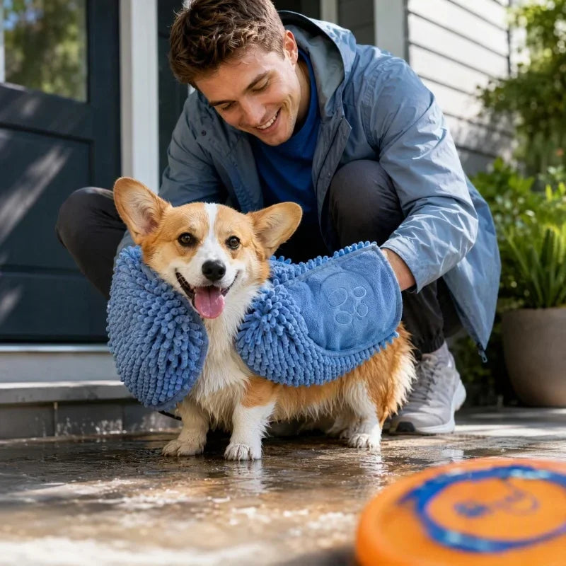 Super Absorbent Chenille Pet Bath Towel With Dual Hand Pockets