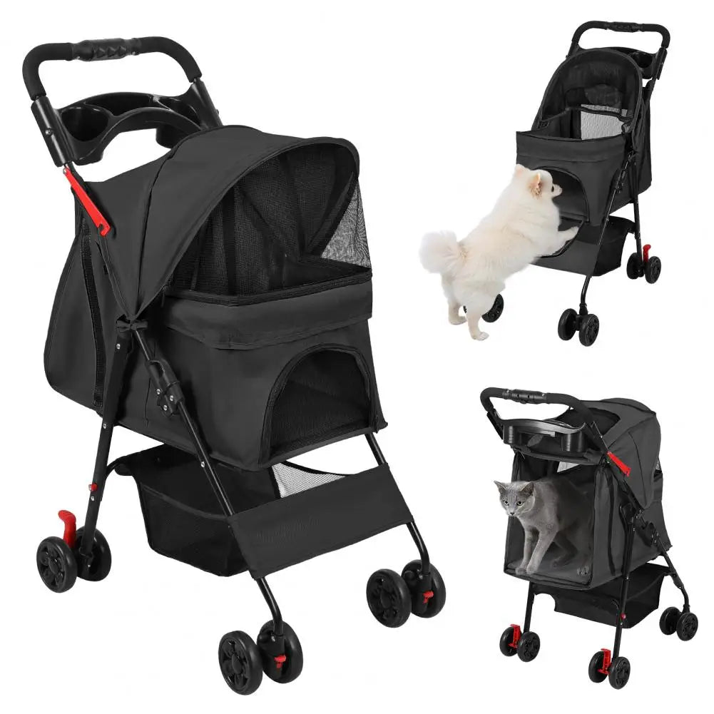 Foldable 4 Wheels Pet Stroller With Mesh Windows Storage Basket